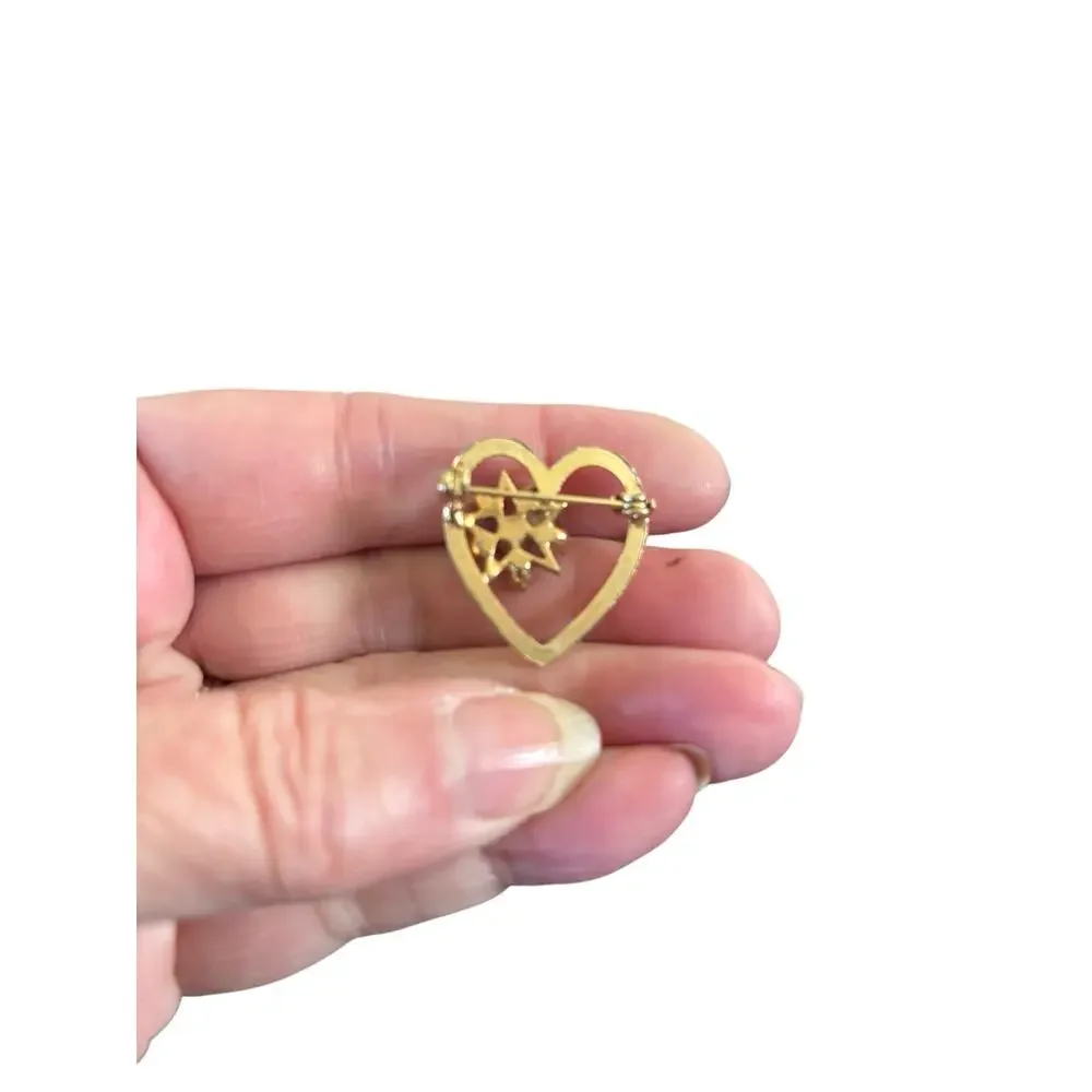 Vintage Gold Heart Starburst Brooch Blue Lapis Cabochon Rhinestone Celestial Pin